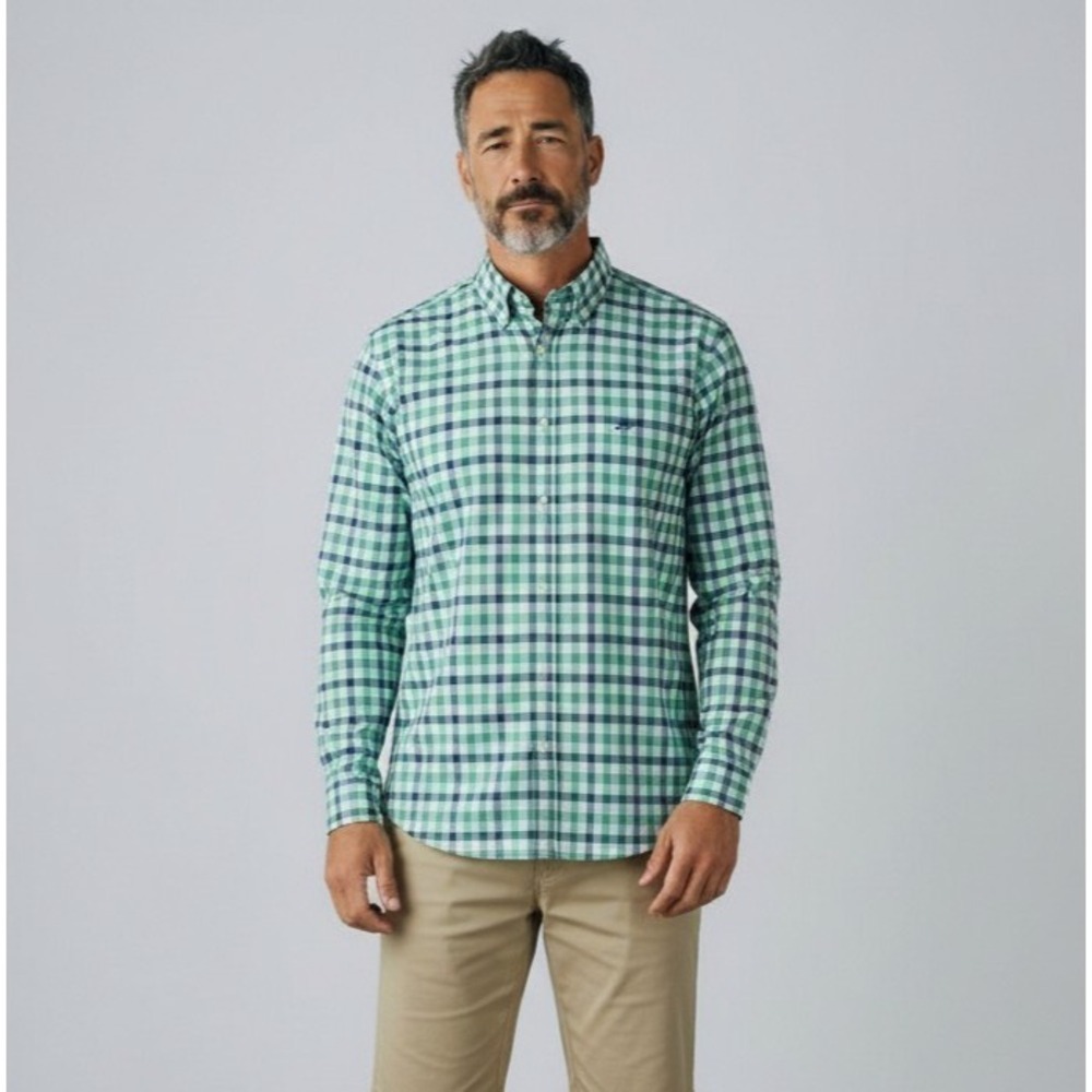 Southern Tide Men's XL Nassau Gingham Cotton Stretch LS Sport Shirt Green Blue - Picture 11 of 15